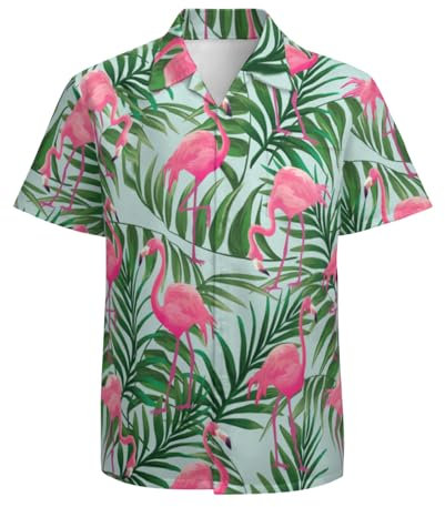 KyywDns Chemise hawaïenne à manches courtes boutonnée pour homme, flamant rose, S