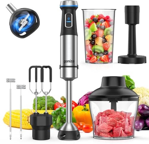 Ganiza 6 in 1 Hand Blender, Stainless Steel Blade, 15 Speed Electric Blender, Hand Blender with 800ml Mixing Bowl, 600ml Chopper, Whisk,