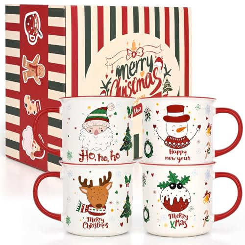 Joymaking Weihnachten Tasse 4er Set, Kaffeetasse mit festlichem Design, fröhliche Weihnachtstasse mit Weihnachtsmann Schneemann Rentier, Tasse für heißen Kakao, Geschenke für Familie Freunde 370ml