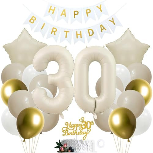 SNOWZAN 30. Geburtstag Deko Weiß Gold für Mädchen Junge - Kuchen Topper Party Dekoration - 30th Birthday Decorations für 30 Jahre Geburtstagsdeko