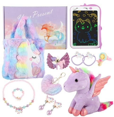 Euakee Unicorno Bambina Regalo, Set di Unicorno Giocattolo per 6 7 8 9 10 Anni Ragazze, Regalo per Ragazza Unicorno Bambola di Peluche Set di Gioielli Tavolo da Disegno LCD Unicorno Borsetta (Viola)