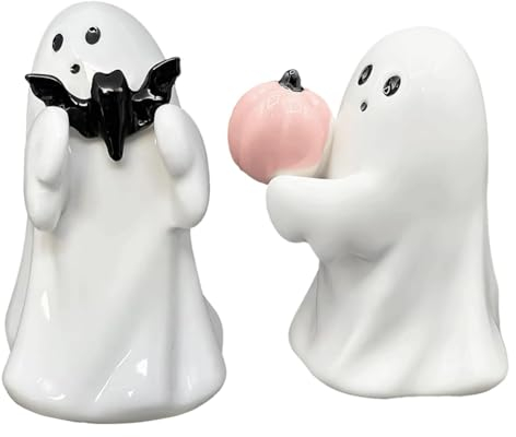 FIENZA Cute Geist Statue Halloween Deko Geist Statue Gruselig Geister 2024 Halloween Desktop Ornamente Halloween Deko Halloween-Statue - Halloween-Geist-Figur (Kürbis + Fledermaus)