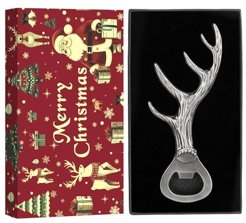 LKKCHER Weihnachtsgeschenke Verpackt Hirschgeweih Flaschenöffner, Weihnachtsgeschenke für Frauen Männer Jäger Papa, jäger geschenke, Silber mit Weihnachtsverpackung und Weihnachtskarte