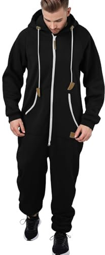 Cexiakong Tuta da uomo in pile con orsacchiotto, tuta intera in pile foderato, pigiama intero in peluche, Nero , M