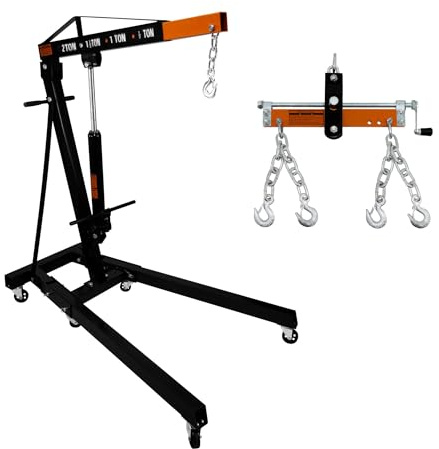 Engine Crane 2 Tonne 2000kg & Load Leveller Hoist 900kg Balancer Support Beam Dual Hooks Chain Hydraulic Pump Handle Folding Legs Lift Jack Stand Portable Workshop Garage 4 JIB Positions Automotive