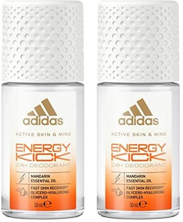 adidas Energy Kick Roll Deo Roll-On für sie, mit Mandarinenöl und 24 Stunden Frische mit hautfreundlicher Formel, 50 ml (Packung mit 2)