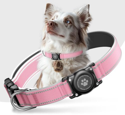 Airtag Hundehalsband - 100% Wasserdicht Air Tag Hundehalsband Halter für Apple AirTag, Reflektierend, Weich Gepolstert, Langlebig Halsband Hund für Mittel Große Hunde (Rosa, M (11.81-16.53))