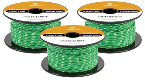 Abma Cord Polyesterseil 3mm x 30m Seil Geflochtene Schnur Reißfest für Outdoor, Boot, Festmacher, Zelt, Garten - Grün/Weiß