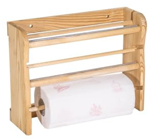 Mensola da Muro Parete Porta Rotolo Carta Scottex Asciugamani Domopack Carta Forno Pellicola Trasparente Dispenser 3in1 con 2 Taglierina Seghetto per Taglio da Cucina in Legno Chiaro