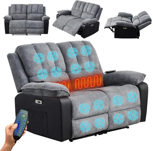 LSBIKE Recliner Sofa 2 Seater Sofa Set Jumbo Cord Fabric 3 Seater 2 Seater 1 Seater Sofa Set with Massage& Heat USB Ports Dual Side Pockets Recliner Armchair for Living Room (2 Seater)