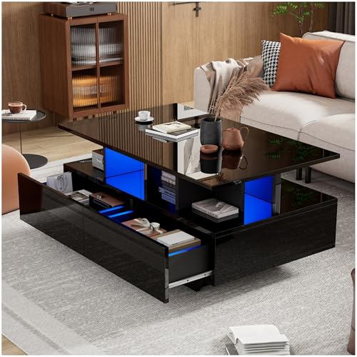 Sapgaks Table Basse Moderne Haute Brillance avec éclairage LED et 2 tiroirs,Table Basse Salon 90x55x41 cm,avec Espace de Rangement,Noir