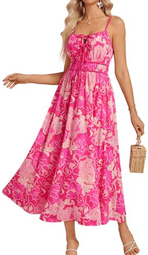 GRACE KARIN Abito estivo da donna, linea ad A, con scollo a V, abito lungo, senza maniche, motivo floreale, stile bohémien, con spalline e spalline, rosso rose, M