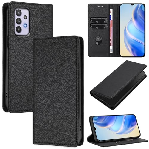 DENDICO Handyhülle für Samsung Galaxy A32 5G Hülle, PU Leder Klapphülle mit RFID-Blockierung, Stoßfeste Magnetische Schutzhülle für Samsung A32 5G, Schwarz
