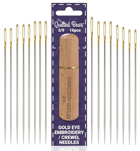 The Quilted Bear Gold Eye Crewel Embroidery Needles 3/9-16 Large Eye Sharp Point Crewel Needles for Embroidery in a Premium Engraved Wooden Case for Embroidery & Hand Sewing (Sizes 3/9)