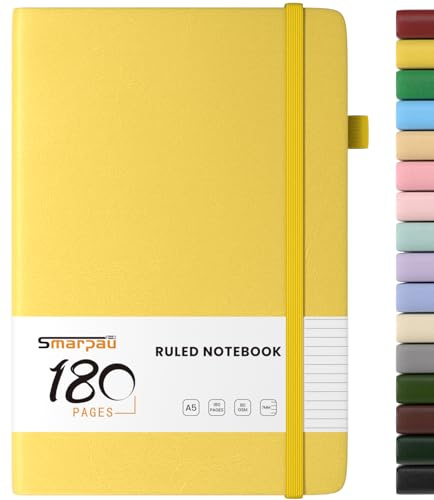Smarpau A5 Notebook 180 Pages, Leather Journal Notebook with 80gsm Paper, Hardback Notepad Thick Journal for Women Men, No Bleed for Writing, Note Book for Office School Travel (Yellow)