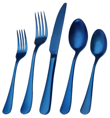 Juego de cubiertos de plata azul, 20 piezas, juego de cubiertos, utensilios de acero inoxidable, servicio para 4 personas, incluye tenedor y cuchara redonda (azul, talla única)