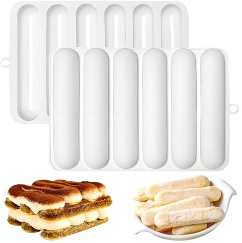 Fchil Silicone Eclair Mold for Ladyfinger Biscuit & Hot Dog Buns | 6-Cavity Design, 8.62 x 5.70 in Size, 2-Pack Set, For Tiramisu Baking, Easy Release