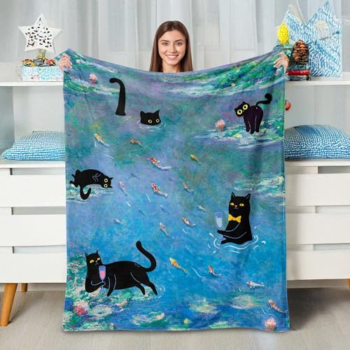 Black Cat Blankets for Women 50x 60, Cat Mom Lover Gifts for Women Girls, Cute Animal Print Water Lilies Throw Blanket, Teal Green Soft Cozy Lightweight Flannel Throws Blankets for Couch Bed Sofa