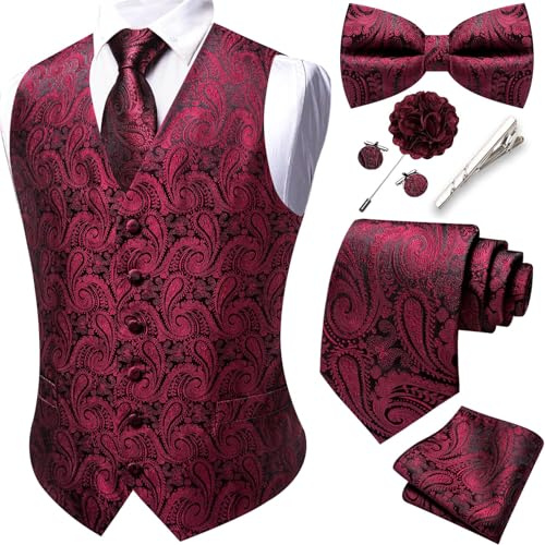 Barry.Wang Men's Burgundy Waistcoat Tie Bowtie Set Hanky Cufflinks Clip