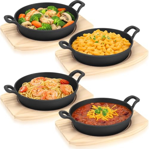 Malloom 4 Sets Mini Cast Iron Skillet, Small Cast Iron Pan Skillet with Wooden Base Small Round Pan Fajita Pot for Cooking (7 Inch)