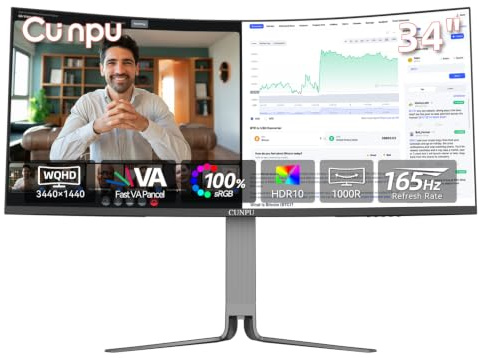 CUNPU Monitor curvo per la produttività ultrawide da 34 pollici, USB-C e KVM da 65 W, 3440 x 1440 WQHD 165 Hz 21:9 R1000, 100% sRGB per lavoro e gioco, 4000:1, regolabile in altezza, PIP/PBP, HDMI
