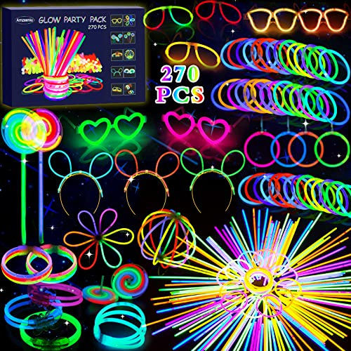 Vleuexe 270 Stück Knicklichter Party Set Glow Sticks Leuchtstäbe Neon Party Leuchtarmbänder Knicklichter Hochzeit Leuchtspielzeug für Partydeko,Festival schwarzlicht deko,Neuem Kreisel,Lutscher