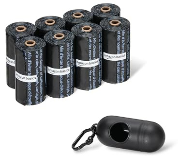 Amazon Basics Hundekotbeutel, 120 Stück, Auslaufsicher, Geruchsminimierend, 33,02cm x 22,86cm, 8 Rollen, Schwarz, mit Spender Kompatibel