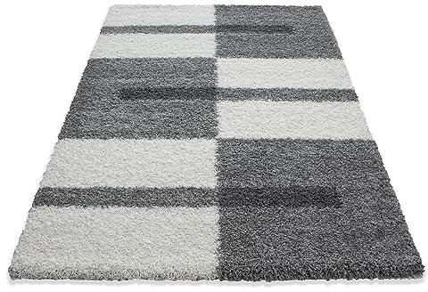 KADIMA DESIGN Shaggy Teppich Kariert Modern Kuschelig Weich Waschbar Strapazierfähig Langlebig 30mm Flor Hellgrau 140x200 cm Wohnzimmer Esszimmer Fußbodenheizung geeignet | WATZMANN