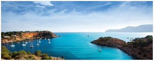 Wallario Memoboard aus Glas mit Motiv, Magnet-Tafel in 32 x 80 cm in Premium Qualität Ibiza - Blick von Einer Bucht aufs Meer