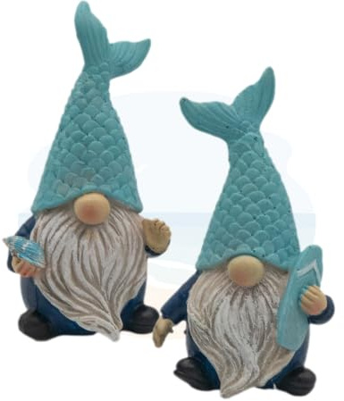 Logbuch-Verlag 2er Set Wichtel Maritim mit Fischschwanz Mütze 5,5 x 4,5 x 10,5 cm aus Polyresin blau weiß - Maritime Deko GNOME - Tischdeko Badezimmer Strandhaus Geschenk