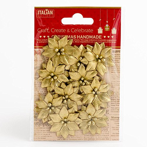 Italian Options 3.5cm Small Metallic Gold Poinsettia Christmas Flower Card Making Craft Decorations (Pack of 10)