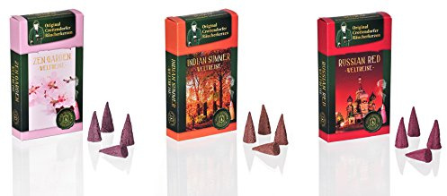 Original Crottendorfer Räucherkerzen - Weltreise - Größe: M - 3er Set - 72 Stück - Düfte: Zen Garden + Indian Summer + Russian Red - Made in Germany