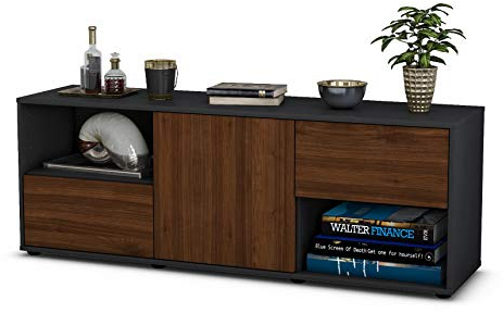 Stil.Zeit TV Schrank Lowboard Ambra, Korpus anthrazit matt, Front Holz Design Walnuss (135x49x35cm), Push to Open Technik & Leichtlaufschienen