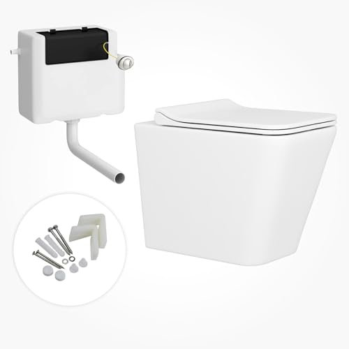 Back to Wall Rimless Toilet Pan with Power Flush Gloss White Ceramic with Slim Soft Close Seat – Cistern Included – Compact Bathroom Design