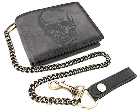 Jockey Club Portafoglio da motociclista, in vera pelle, con teschio, con catena da 50 cm e protezione RFID, grigio scuro, s, Portamonete