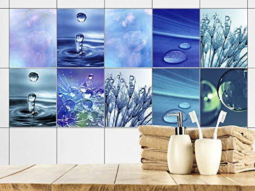 GRAZDesign Fliesenaufkleber Bad Blau Wasser Tropfen, Fliesensticker Fliesen zum Aufkleben Klebefolie für Badfliesen (Set 40 Stück, 15x20cm)