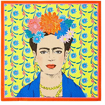 Packung mit 20 gelben Frida Kahlo Papierservietten | Einweg-Servietten, Geschirr für drinnen oder draußen, mexikanische Fiesta-Dekorationen, Zubehör für Geburtstagsfeiern, Cinco de Mayo, Decoupage