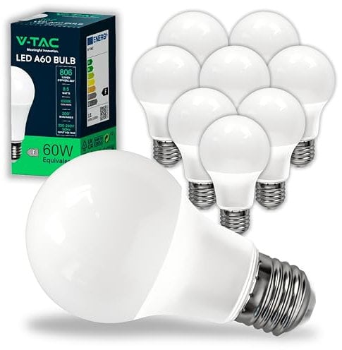V-TAC 10x Bombillas LED E27, Edison - A60-8,5W (Equivalente a 60W) - 806 Lumen - 6500K Blanco Frìo - Apertura del Haz de Luz 200° - Máxima Eficiencia y Bajo Consum