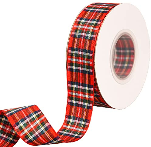 XNHIU 20 Yards Tartan Ribbon - Red Classic Royal Stewart Christmas Ribbon (25mm)