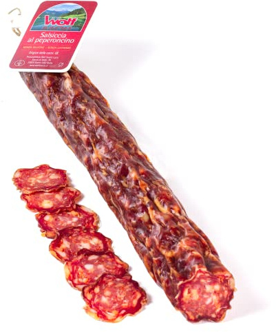 Wolf, Sauris Chiliwurst, Hergestellt Mit Sorgfältig Ausgewähltem Schweinefleisch, Für die Welt Der Gastronomie Und Pizzerien, Glutenfrei, Halb 1/2 Vakuum 0,22 Kg (Mind. Nettogewicht Garantiert)