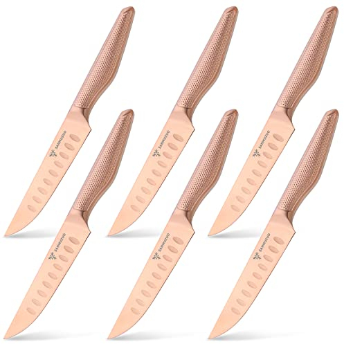 SANMUZUO Coltelli da bistecca 6 Pezzi Set, 13 CM Lama in Acciaio Inox Professione coltello da affettare della carne (Rosa doro) - Zhen Series