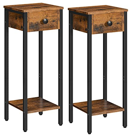 HOOBRO Slim Bedside Tables with Drawer Set of 2, Small Side Table with Metal Frame, Tall Telephone Table for Small Spaces, Narrow Nightstand, Sturdy, Rustic Brown and Black EBF77BZP201
