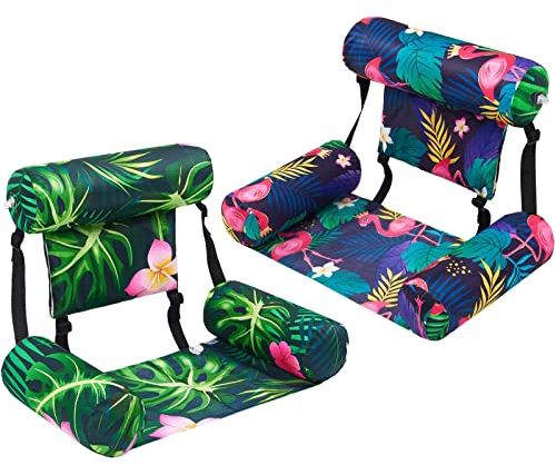 WERNNSAI Fabric Pool Float Chair for Adult - 2 Pack Inflatable Pool Float Water Hammock Adjustable Floating Pool Lounge Chair for Swimming Summer Water Party (Flamingos & Green Plants)