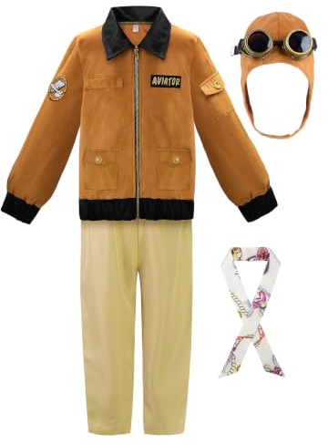 ReliBeauty Disfraz Aviador Niños 3-11 años Piloto Avion Retro con Gorro, Gafas y Pañuelo de Seda