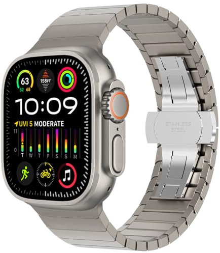 Fullife Metal Strap Compatible with Apple Watch Straps 49mm 46mm 45mm 44mm 42mm(Series 3 2 1),Stainless Steel Replacement Band for iWatch Ultra2/Ultra Series 10/9/8/7/6/5/4/3/2/1/SE,Titanium