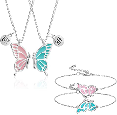 XPEX Ensemble de Colliers d'amitié pour 2 Femmes Filles BFF Collier Pendentif Bijoux Papillon et 2 Bracelets Papillon, Collier d'amitié, Cadeaux pour Amis, Bijoux personnalisés