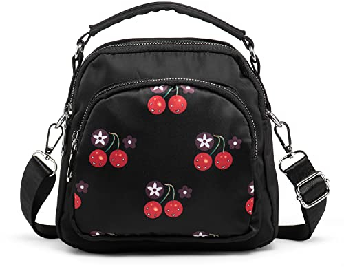 LaRechor Kleine Umhängetasche Handtasche Schultertasche für Damen Tote Tasche Mini Rucksack Nylon Frauentasche (Schwarz mit Kirsche)