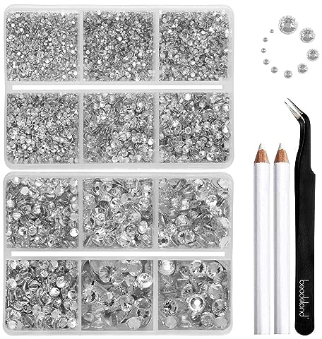 Beadsland 8300PCS Flatback Rhinestones, Clear Rhinestone Nail Gems Round Crystal Rhinestones for Crafts, Mixed 10 Sizes with Wax Pencil and Tweezer Kit, SS3-SS30, Crystal