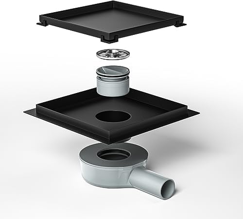 Bernkot Duschrinne Quadrat 20 * 20cm, 360° Siphon mit Geruchsstop und Haarsieb 2 in1 Befliesbar Edelstahl Ablaufrinne Bodenablauf Duschablauf sehr flach DN50 DN40,Schwarz