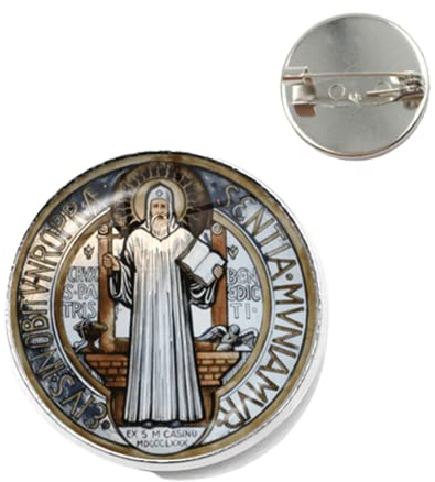 Saint Benedikt Medaillon Brosche I LOVE JESUS Glas Kunst Bild Handwerk Pin katholische San Benito Schmuck Geschenk, Large, Bronze, Glas, Metall, Harz, Silber